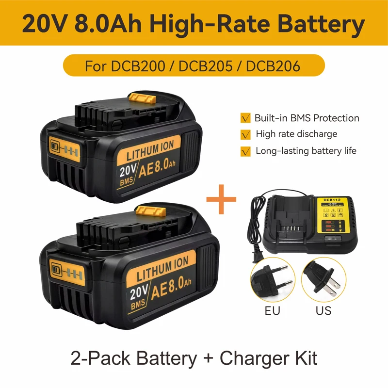 8.0Ah 20V Lithium-Ion Battery For Dewalt 20V Max Tools, Compatible with DCB200 DCB203 DCB205 DCB206, BMS Protection
8.0Ah 20V Lithium-Ion Battery For Dewalt 20V Max Tools, Compatible with DCB200 DCB203 DCB205 DCB206, BMS Protection