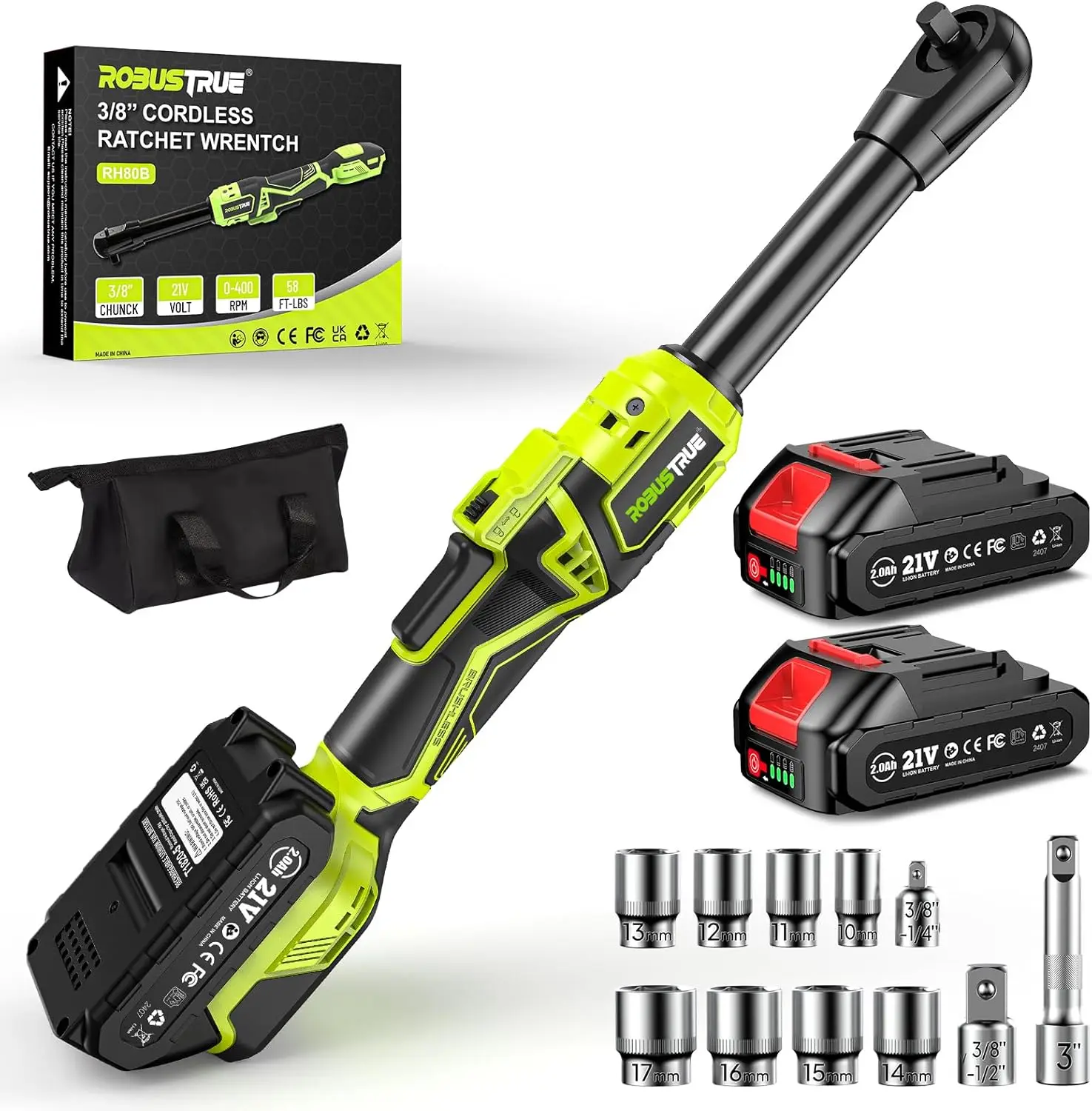3/8" Cordless Ratchet Wrench 80N.m 400RPM Light Weight Electric Ratchet 6'' Extended Neck 2 x2.0Ah Battery Car Repair Tools
3/8" Cordless Ratchet Wrench 80N.m 400RPM Light Weight Electric Ratchet 6'' Extended Neck 2 x2.0Ah Battery Car Repair Tools