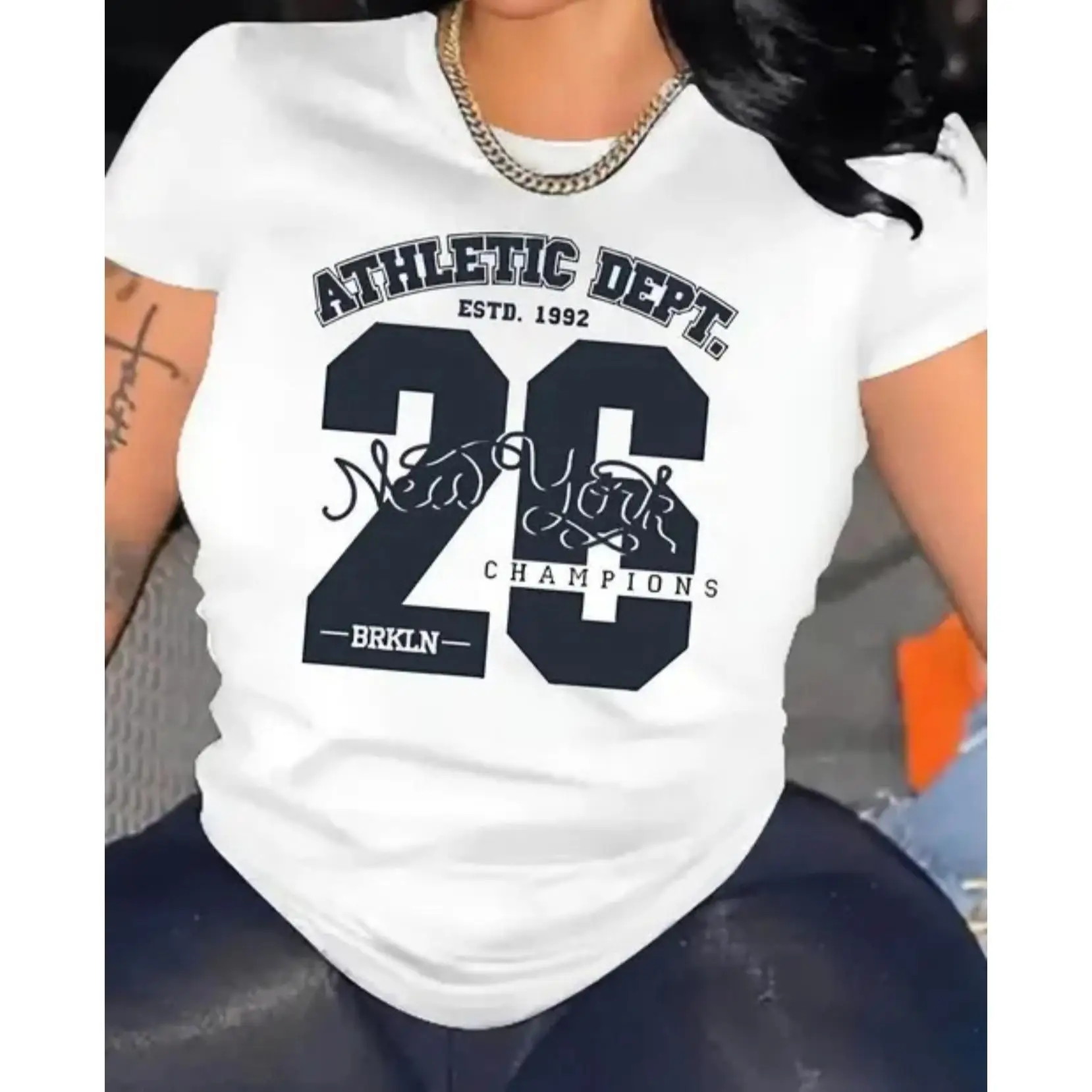 Women'S Summer Casual Printed T - Shirt With "ATHLETIC DEPT. ESTD. 1992 26 New York CHAMPIONS BRKLN" Design
Women'S Summer Casual Printed T - Shirt With "ATHLETIC DEPT. ESTD. 1992 26 New York CHAMPIONS BRKLN" Design