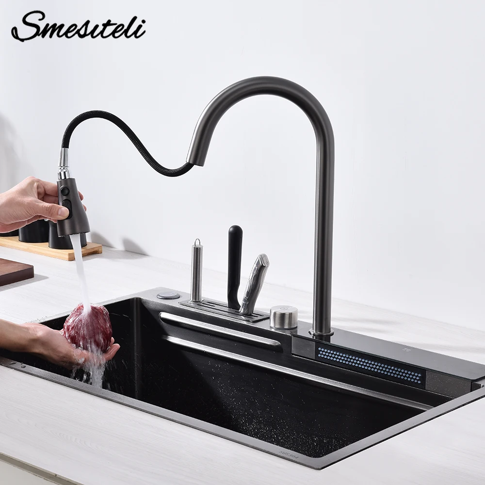 Kitchen Faucet 304 Stainless Steel Waterfall Kitchen Sink Large Single Slot Integrated Digital Display Faucet Set
Kitchen Faucet 304 Stainless Steel Waterfall Kitchen Sink Large Single Slot Integrated Digital Display Faucet Set
