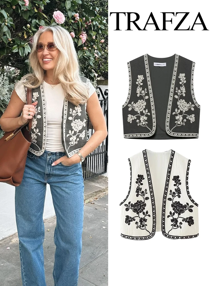 TRAFZA Women's New Retro Short Contrasting Embroidered Vest Female Elegant Simple Versatile Sleeveless Slim Casual Cardigan Top
TRAFZA Women's New Retro Short Contrasting Embroidered Vest Female Elegant Simple Versatile Sleeveless Slim Casual Cardigan Top