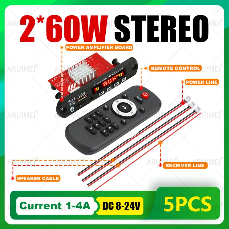 120W Amplifier DC 8-24V MP3/WAV Decoder Board Bluetooth 5.0 USB/TF/FM Car Audio System with Call Recording & Remote Control
120W Amplifier DC 8-24V MP3/WAV Decoder Board Bluetooth 5.0 USB/TF/FM Car Audio System with Call Recording & Remote Control
