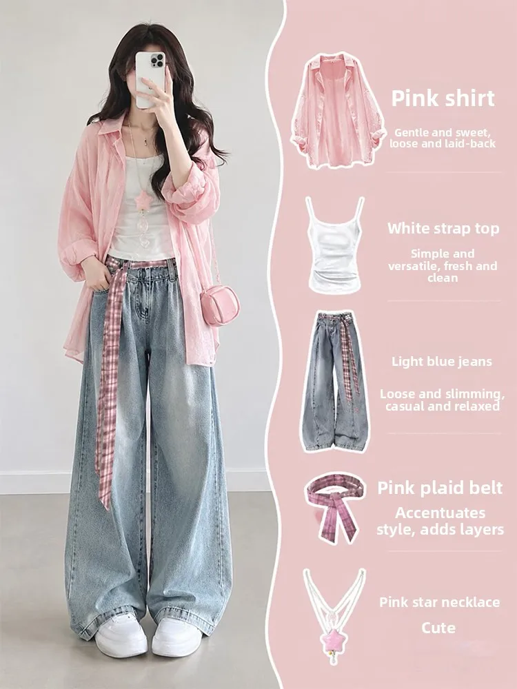 Unique Beautiful Summer Three-Piece Set Women's Gentle Pink Thin Sun Protection Shirt Strap Wide Leg Jeans Suit Fashionable
Unique Beautiful Summer Three-Piece Set Women's Gentle Pink Thin Sun Protection Shirt Strap Wide Leg Jeans Suit Fashionable