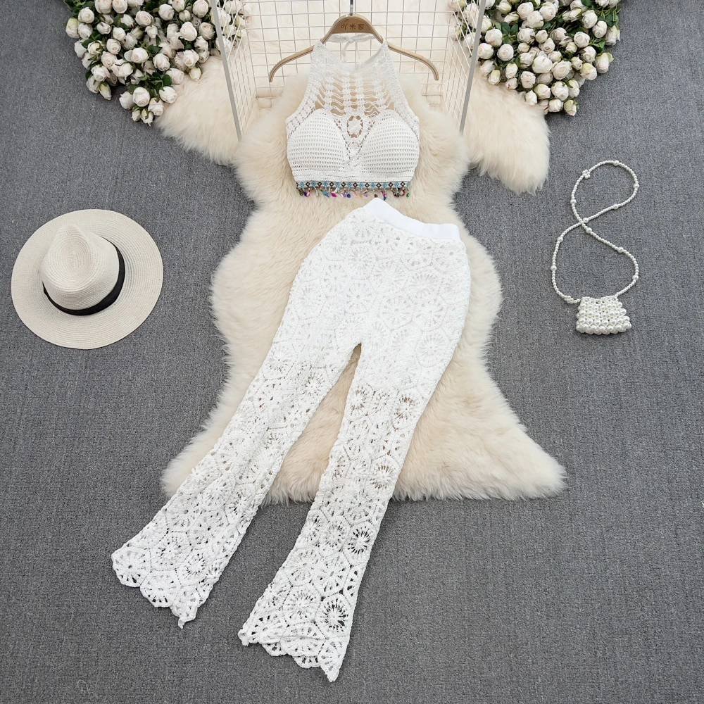 Summer Beach Holiday Set Women's Neck Hanging Off Shoulder Hook Flower Hollow Out Tank Top Casual High Waist Slim Flare Pants
Summer Beach Holiday Set Women's Neck Hanging Off Shoulder Hook Flower Hollow Out Tank Top Casual High Waist Slim Flare Pants