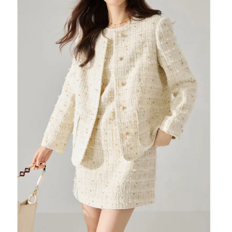 Women's Apricot Colored Coarse Tweed 2-Piece Set Jacket + Short-Sleeved Dress Spring Autumn New Style Casual Elegant Clothing
Women's Apricot Colored Coarse Tweed 2-Piece Set Jacket + Short-Sleeved Dress Spring Autumn New Style Casual Elegant Clothing