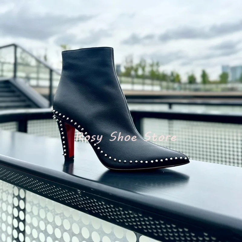 Black Leather Silver Stud Spike Design Pointed Toe Women's Short Boots Concise Fashion Tapered Short Heel Side Zip Ankle Boots
Black Leather Silver Stud Spike Design Pointed Toe Women's Short Boots Concise Fashion Tapered Short Heel Side Zip Ankle Boots