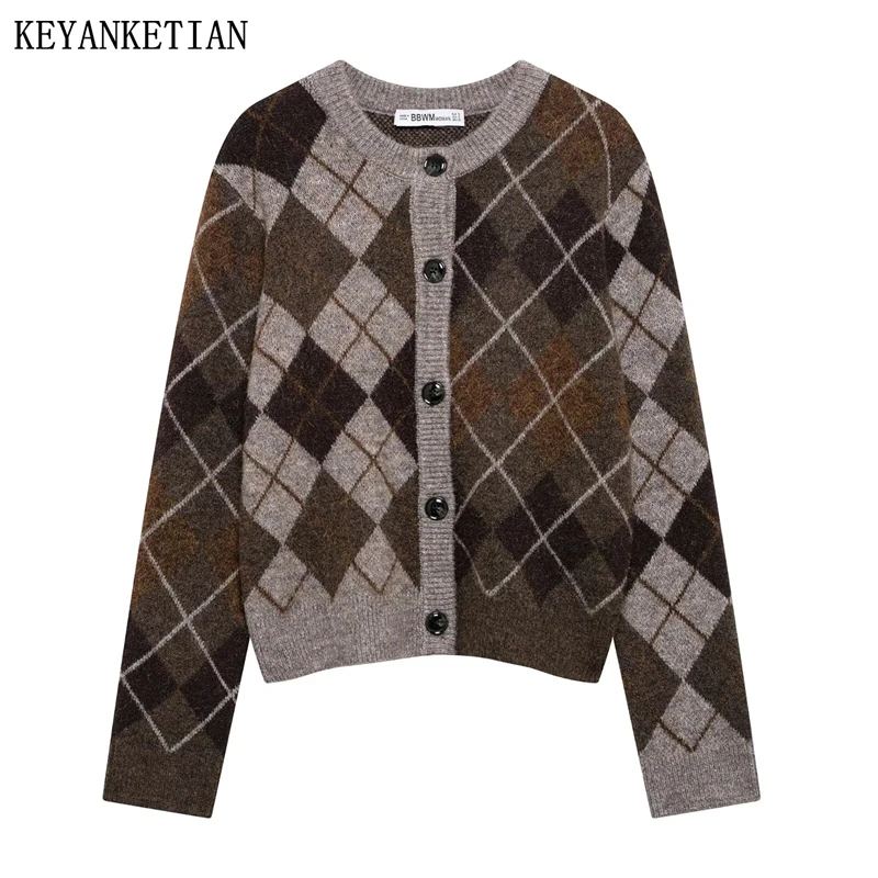 KEYANKETIAN Winter New Retro style Argyle Color Matching Knit Cardigans O-Neck Long Sleeve Women's Cropped Sweater Knitted Top
KEYANKETIAN Winter New Retro style Argyle Color Matching Knit Cardigans O-Neck Long Sleeve Women's Cropped Sweater Knitted Top
