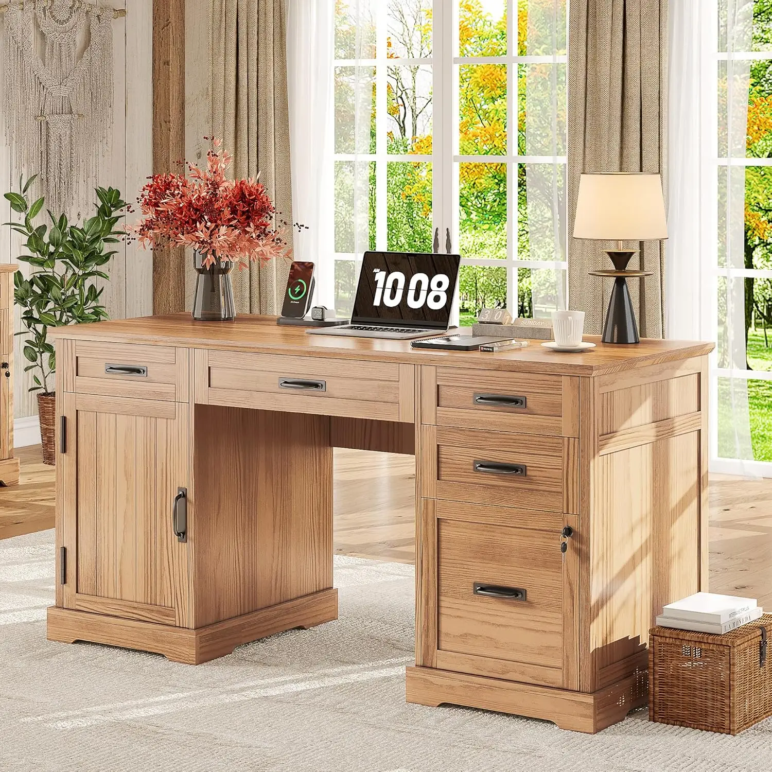 55'' Farmhouse Desk Office With Drawers File Cabinet Charging Station Light Walnut, Customized
55'' Farmhouse Desk Office With Drawers File Cabinet Charging Station Light Walnut, Customized