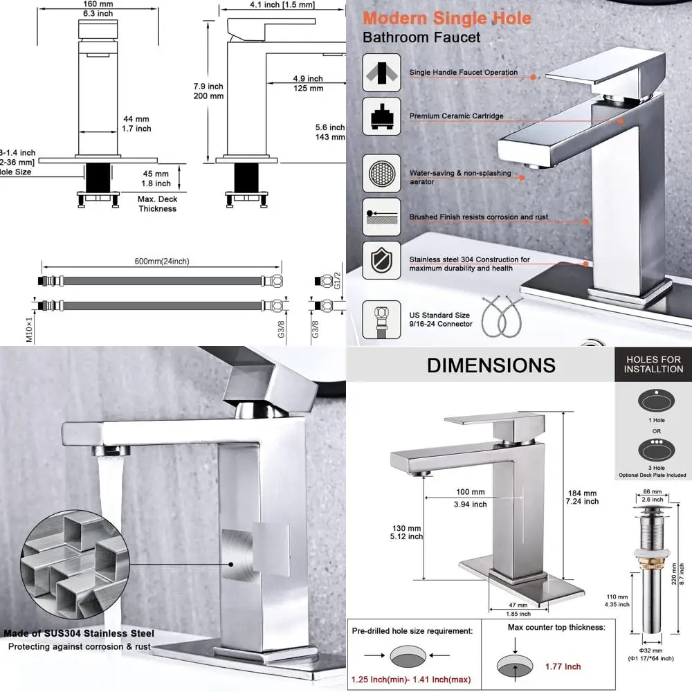 Modern Single Hole Brushed Nickel Vanity Faucet with Pop-Up Drain and Water Hoses
Modern Single Hole Brushed Nickel Vanity Faucet with Pop-Up Drain and Water Hoses