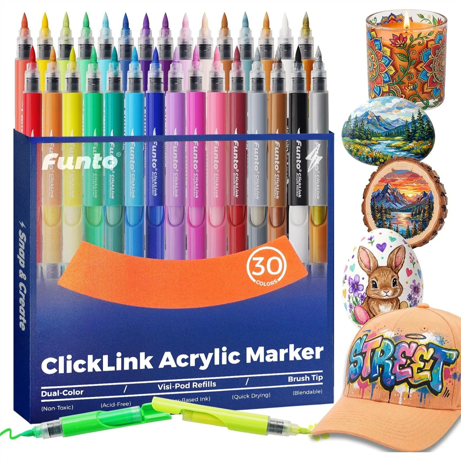 Acrylic Paint Markers with Brush Tip, Refillable Dual-Color Snap Design, Quick-Dry for Rock, Wood, Glass, Canvas
Acrylic Paint Markers with Brush Tip, Refillable Dual-Color Snap Design, Quick-Dry for Rock, Wood, Glass, Canvas