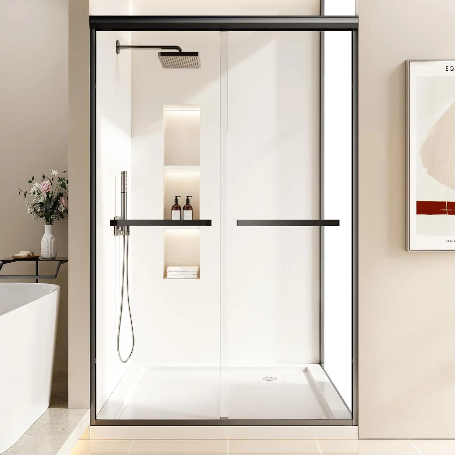 Black Semi-Frameless Shower Doors, 44-48 in W x 76 in H, 1/4 in(6mm) Tempered Glass, Aluminum Frame, Double Sliding Shower Door
Black Semi-Frameless Shower Doors, 44-48 in W x 76 in H, 1/4 in(6mm) Tempered Glass, Aluminum Frame, Double Sliding Shower Door