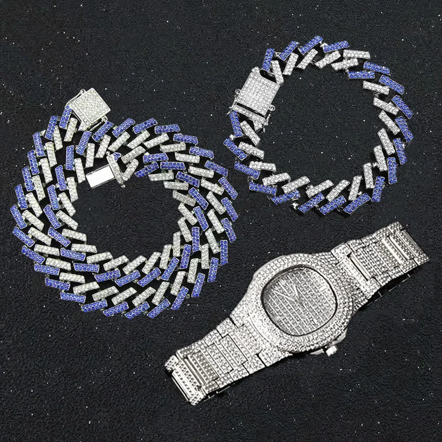 Часы Iced Out для мужчин, ожерелье, браслет, кубинская цепочка, подарочный набор в стиле хип-хоп, зубцы со стразами Майами, блестящие ювелирные изделия, часы Reloj
Часы Iced Out для мужчин, ожерелье, браслет, кубинская цепочка, подарочный набор в стиле хип-хоп, зубцы со стразами Майами, блестящие ювелирные изделия, часы Reloj