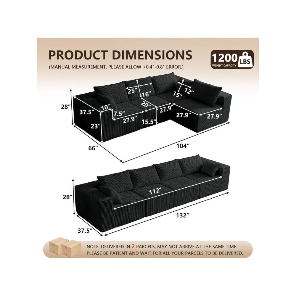 104" Corduroy L-Shaped Sectional Modern Couch with , Deep Seat DIY Convertible Cloud Sofa for Living Room, No Assembly Required
104" Corduroy L-Shaped Sectional Modern Couch with , Deep Seat DIY Convertible Cloud Sofa for Living Room, No Assembly Required