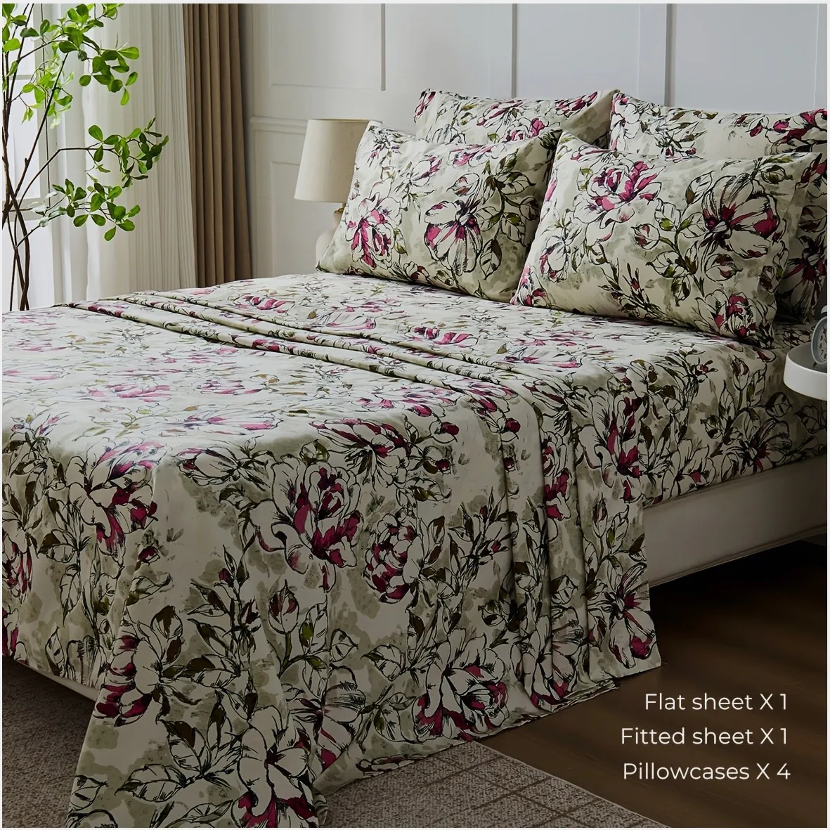 4-Piece King Size Sheet Set – Soft Breathable Microfiber, 18" Deep Pockets, Wrinkle-Resistant Design with Full Elastic & Secure Corner Straps, Elegant Rose Floral Pattern
4-Piece King Size Sheet Set – Soft Breathable Microfiber, 18" Deep Pockets, Wrinkle-Resistant Design with Full Elastic & Secure Corner Straps, Elegant Rose Floral Pattern