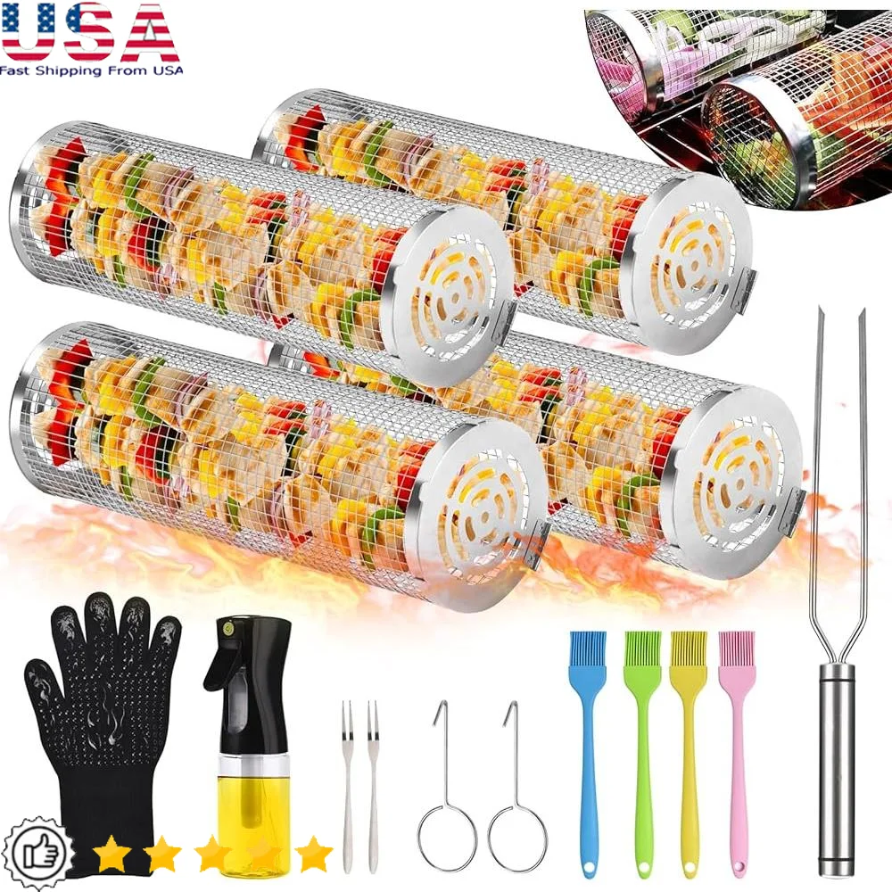 Grill Basket Set 4PCS BBQ Accessories Stainless Steel Rolling Cylinder Basket Portable Mesh Grill Meats Vegetables Seafood
Grill Basket Set 4PCS BBQ Accessories Stainless Steel Rolling Cylinder Basket Portable Mesh Grill Meats Vegetables Seafood