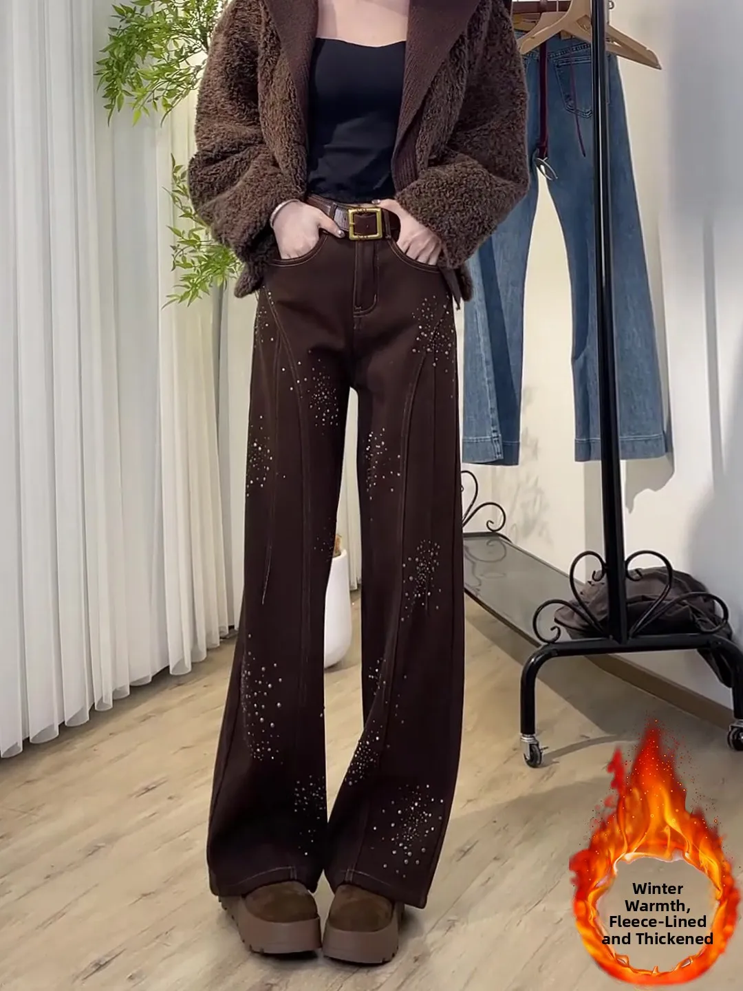 American Retro Coffee Color Rhinestone Fleece Wide Leg Knife Pants Women's Winter High Waist Loose Slimming Jeans Casual Stra...
American Retro Coffee Color Rhinestone Fleece Wide Leg Knife Pants Women's Winter High Waist Loose Slimming Jeans Casual Stra...