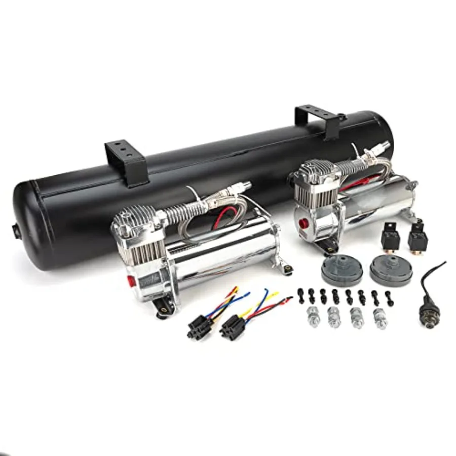 Air Ride Suspension System Kit: 5 Gal Aluminum Tank, Black, 180 PSI Max Pressure with Off Switch Relay for Reliable Performance
Air Ride Suspension System Kit: 5 Gal Aluminum Tank, Black, 180 PSI Max Pressure with Off Switch Relay for Reliable Performance