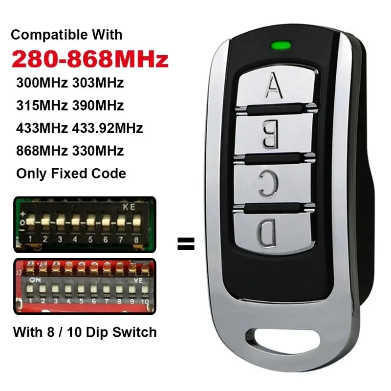 Совместим с 300 МГц, 303 МГц, 315 МГц, 330 МГц, 433 МГц, 868 МГц, с DIP-переключателями 8/10, многочастотным пультом дистанционного управления 280–868 МГц.
Совместим с 300 МГц, 303 МГц, 315 МГц, 330 МГц, 433 МГц, 868 МГц, с DIP-переключателями 8/10, многочастотным пультом дистанционного управления 280–868 МГц.
