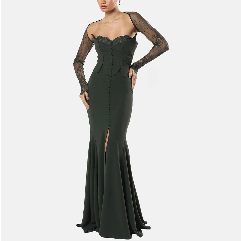 Вечернее платье-корсет с пуговицами спереди и жакетом, цвета хантер-грин, фасон «русалка», с разрезом, из атласа, с эффектом «рыбий хвост», нарядное.
Вечернее платье-корсет с пуговицами спереди и жакетом, цвета хантер-грин, фасон «русалка», с разрезом, из атласа, с эффектом «рыбий хвост», нарядное.