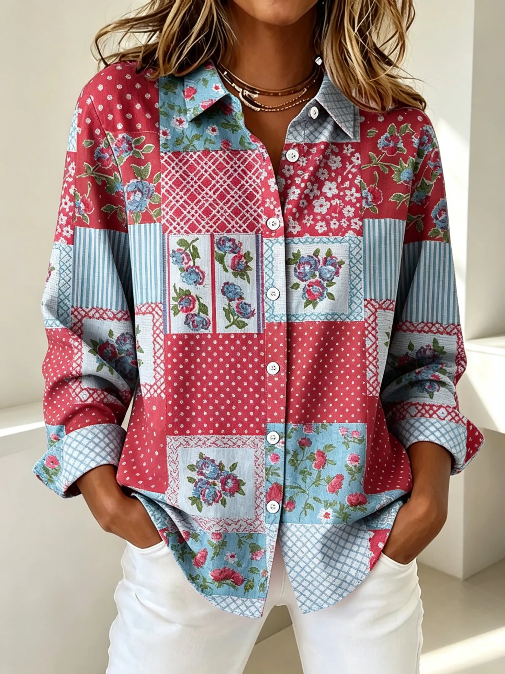 Women's Lapel Long Sleeve Floral Patchwork Print Button-Up Shirt, Casual Tops for Spring Summer Daily & Holiday Wear
Women's Lapel Long Sleeve Floral Patchwork Print Button-Up Shirt, Casual Tops for Spring Summer Daily & Holiday Wear