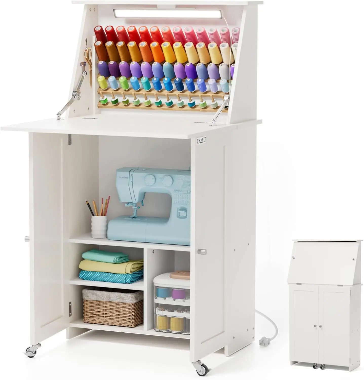 Sewing Table, Sewing Machine Desk With Under Cabinet Lights, Charging Station, 65 Spools Thread Rack Multipurpose Craft Storage
Sewing Table, Sewing Machine Desk With Under Cabinet Lights, Charging Station, 65 Spools Thread Rack Multipurpose Craft Storage