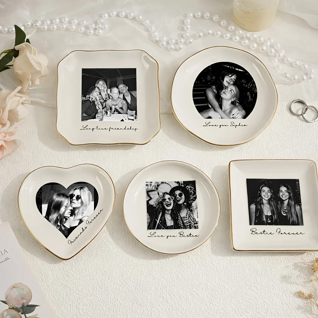 Personalized Photo Jewelry Dish, Ceramic Ring Holder Tray with Golden Rim (4.1–11.43cm) in Heart/round/square Shapes, Aesthetic
Personalized Photo Jewelry Dish, Ceramic Ring Holder Tray with Golden Rim (4.1–11.43cm) in Heart/round/square Shapes, Aesthetic
