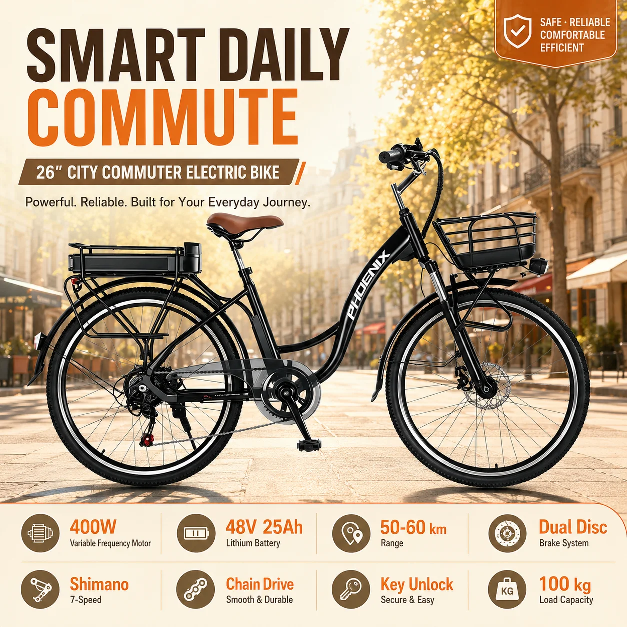 U3 Adult Electric City Bicycle 26 Inch Step Through Frame 400W Motor 48V 25Ah Battery 50-60KM Range Dual Disc Brakes
U3 Adult Electric City Bicycle 26 Inch Step Through Frame 400W Motor 48V 25Ah Battery 50-60KM Range Dual Disc Brakes