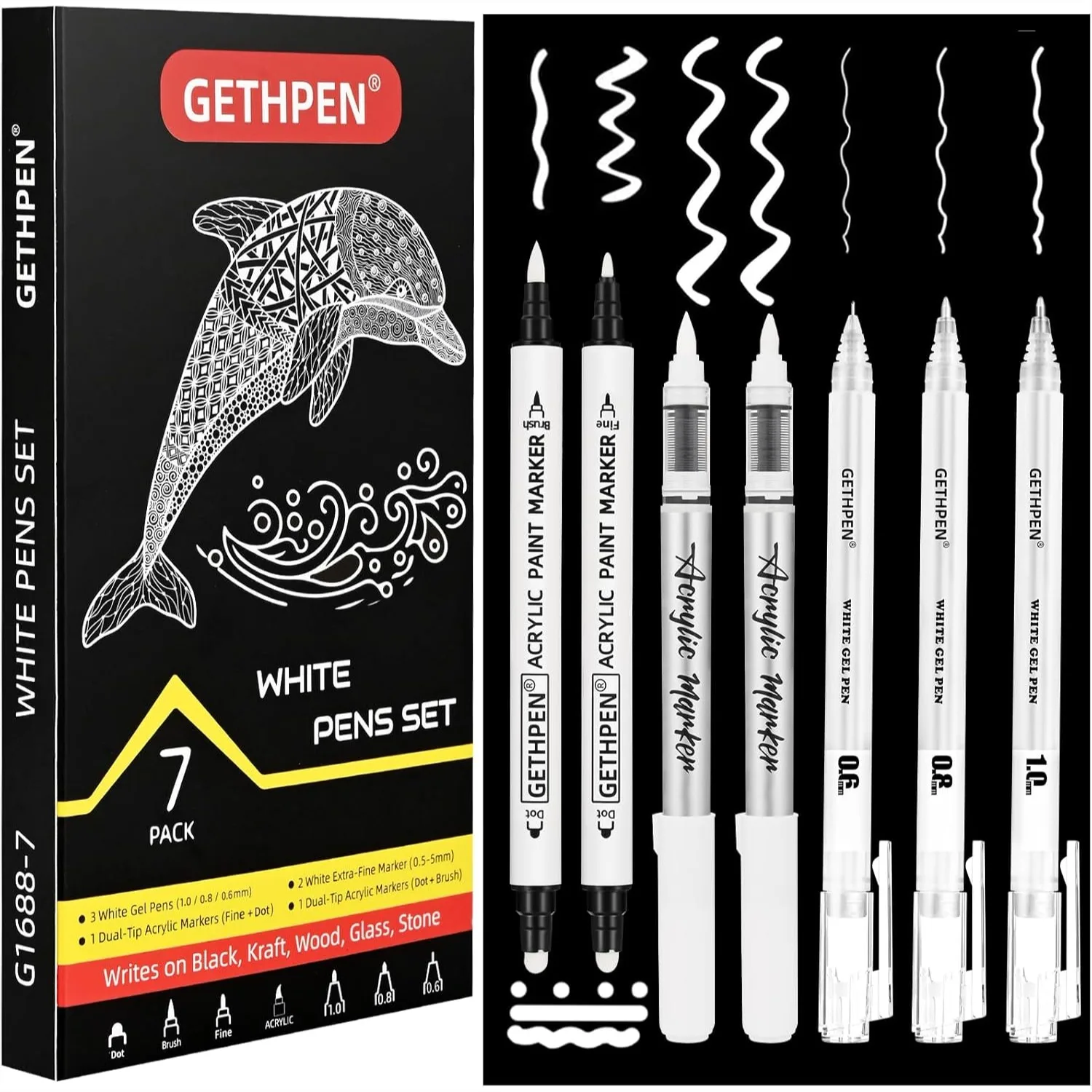 White Ink Pens Set, Fine Point Gel Pens & Brush Tip Acrylic Markers for Black Paper Drawing, Sketching, Illustration, 7 Pack
White Ink Pens Set, Fine Point Gel Pens & Brush Tip Acrylic Markers for Black Paper Drawing, Sketching, Illustration, 7 Pack