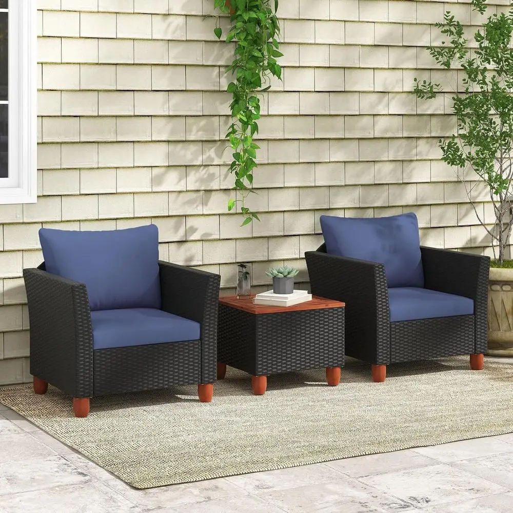 3-Piece Outdoor Patio Furniture Set with PE Rattan, Navy Cushioned Sofa Chair and Storage Table
3-Piece Outdoor Patio Furniture Set with PE Rattan, Navy Cushioned Sofa Chair and Storage Table