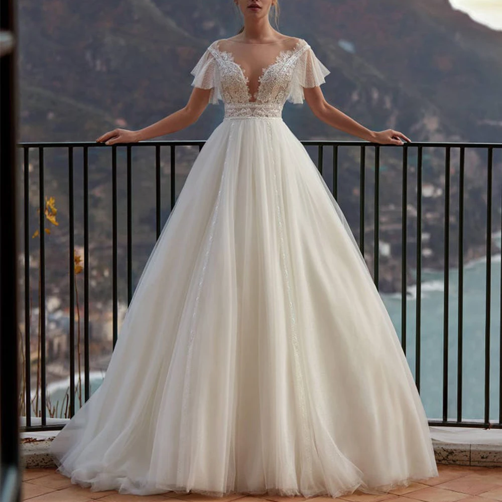 Modern Princess Wedding Dress Scoop Neck Short Sleeves Classic Tulle A-Line Floor Length Applique and Lace Bridal Custom Gowns
Modern Princess Wedding Dress Scoop Neck Short Sleeves Classic Tulle A-Line Floor Length Applique and Lace Bridal Custom Gowns