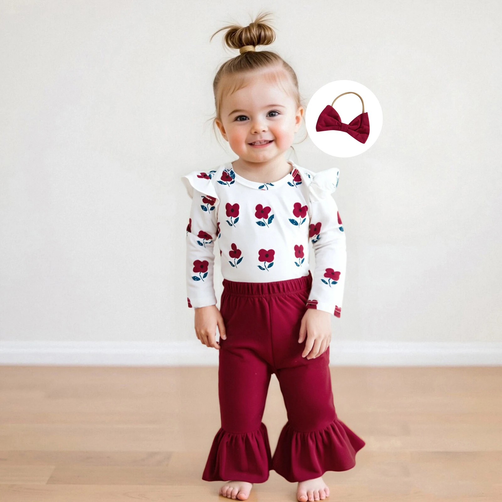 Одежда для малышей, осенне-осенний комплект из трех предметов для девочек, комбинезон с длинными рукавами и цветочным принтом, однотонные расклешенные брюки и комплект с повязкой на голову с бантом
Одежда для малышей, осенне-осенний комплект из трех предметов для девочек, комбинезон с длинными рукавами и цветочным принтом, однотонные расклешенные брюки и комплект с повязкой на голову с бантом