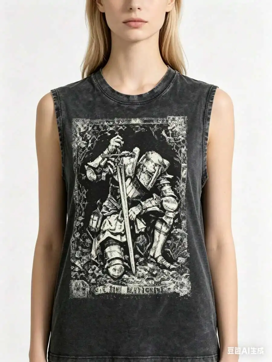 Vintage Distressed Black Sleeveless Tank Top With Tarot Knight Woodcut Print
Vintage Distressed Black Sleeveless Tank Top With Tarot Knight Woodcut Print