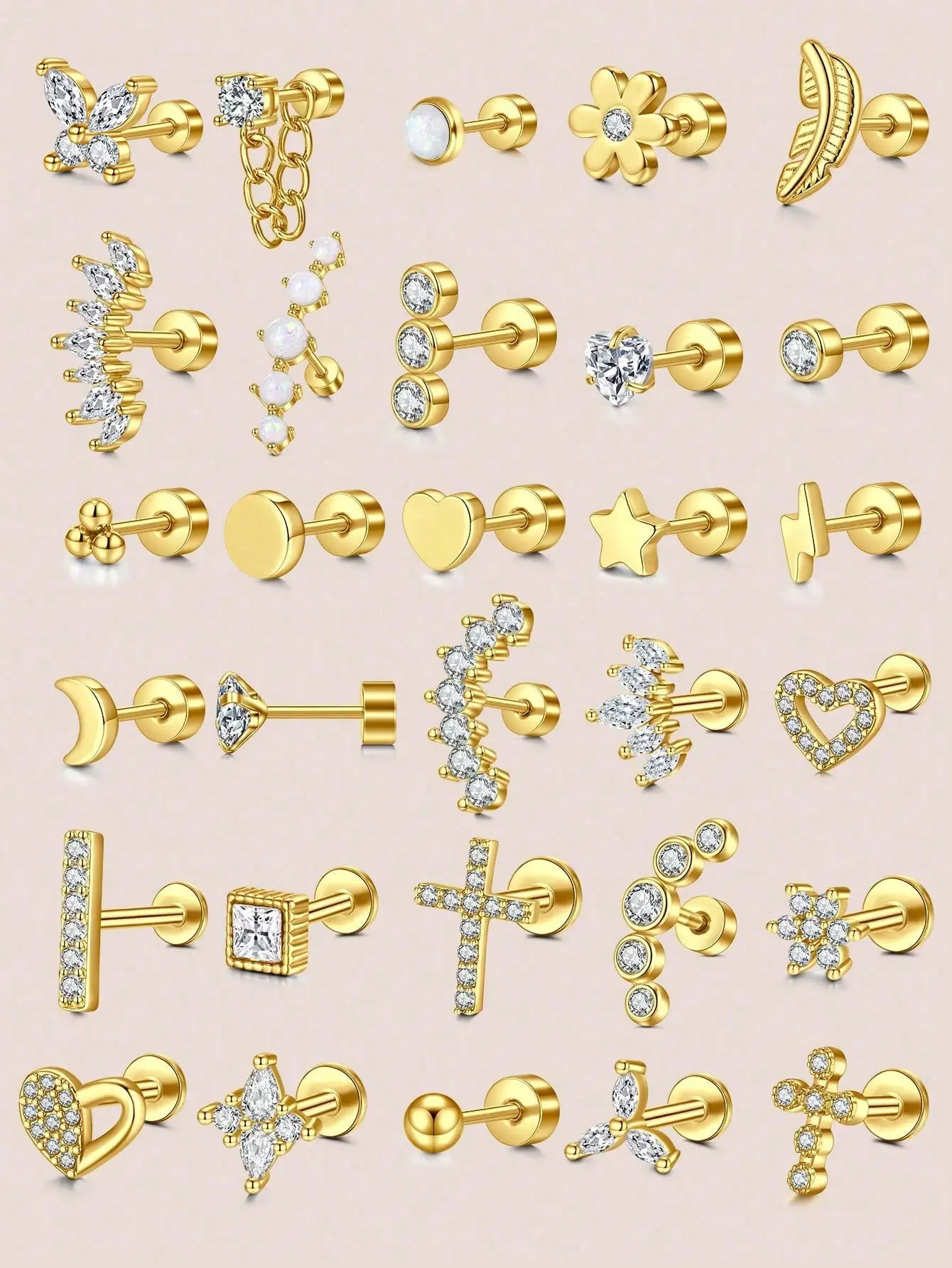 16G/20G Stainless Steel Stud Earrings with CZ Accents, Floral Feather Heart Star Moon Cross Designs for Cartilage Helix Tragus
16G/20G Stainless Steel Stud Earrings with CZ Accents, Floral Feather Heart Star Moon Cross Designs for Cartilage Helix Tragus
