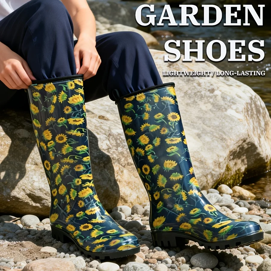Women's High Top Sunflower Rain Boots, PVC Waterproof Slip-On Garden Shoes with High-Quality Comfortable Insole
Women's High Top Sunflower Rain Boots, PVC Waterproof Slip-On Garden Shoes with High-Quality Comfortable Insole