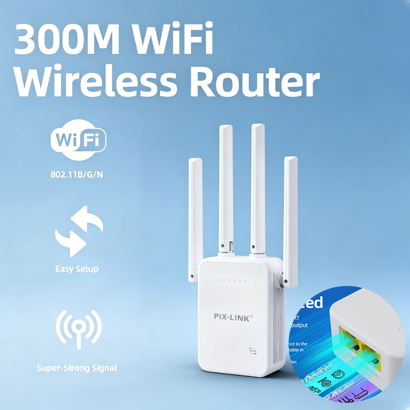 PIX-LINK WR48D4Q Double Port 300Mbps WiFi Extender Wireless Router Signal Booster 4 Antennas WPA3 Encryption for Home Office
PIX-LINK WR48D4Q Double Port 300Mbps WiFi Extender Wireless Router Signal Booster 4 Antennas WPA3 Encryption for Home Office