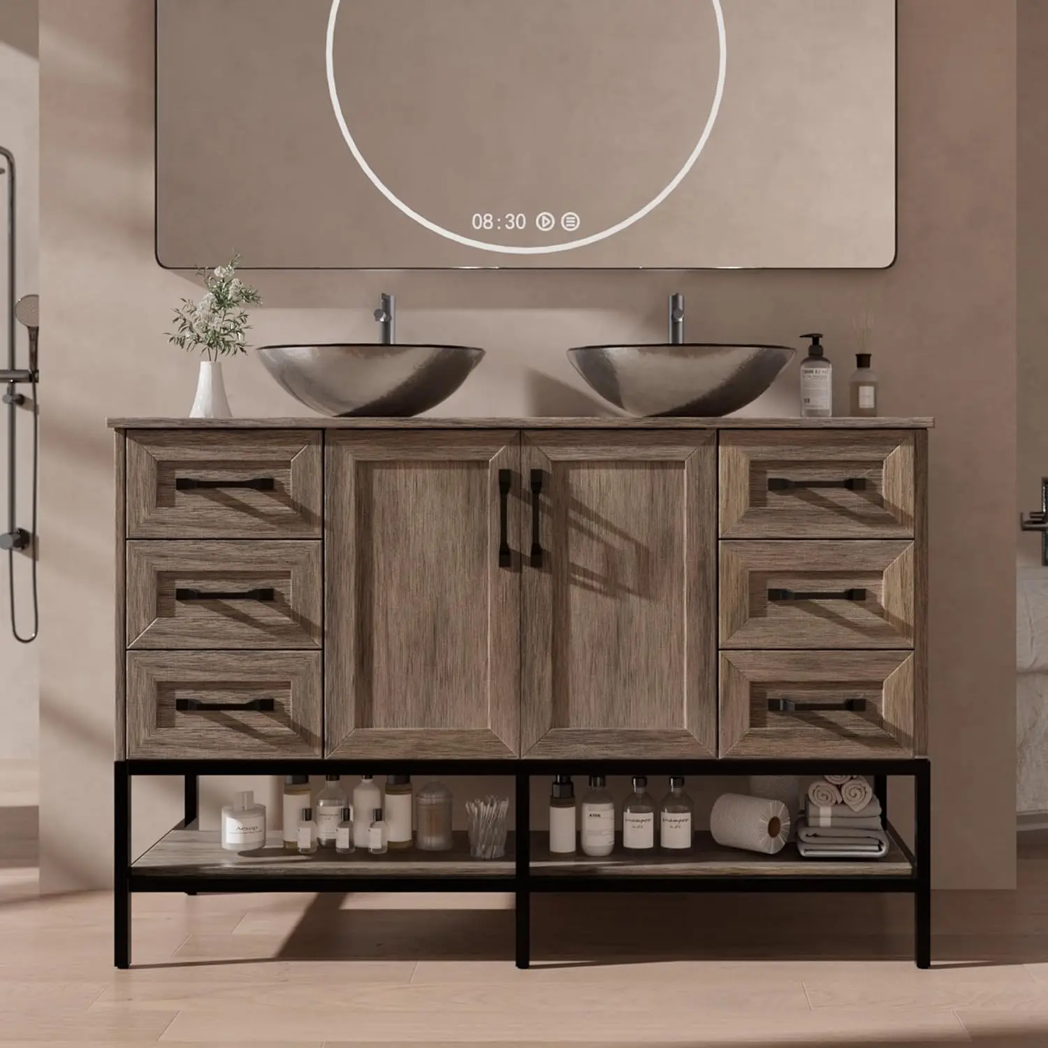 48in Double Sink Vanity Freestanding Cabinet Shelves 6 Drawers Iron Wood Glass Vessel Grey Customized
48in Double Sink Vanity Freestanding Cabinet Shelves 6 Drawers Iron Wood Glass Vessel Grey Customized