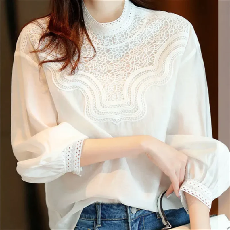 Hollow Blank Shirt Women's Blouse Pullover Tops Elegant Long-sleeved Stand-up Collar Spring Autumn White Ladies Shirts
Hollow Blank Shirt Women's Blouse Pullover Tops Elegant Long-sleeved Stand-up Collar Spring Autumn White Ladies Shirts