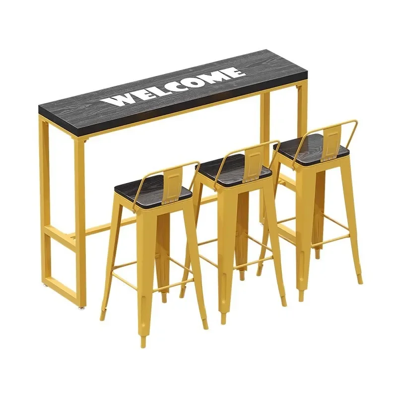 Industrial style solid wood high table and chair combination, milk tea shop long table against the wall 
Industrial style solid wood high table and chair combination, milk tea shop long table against the wall