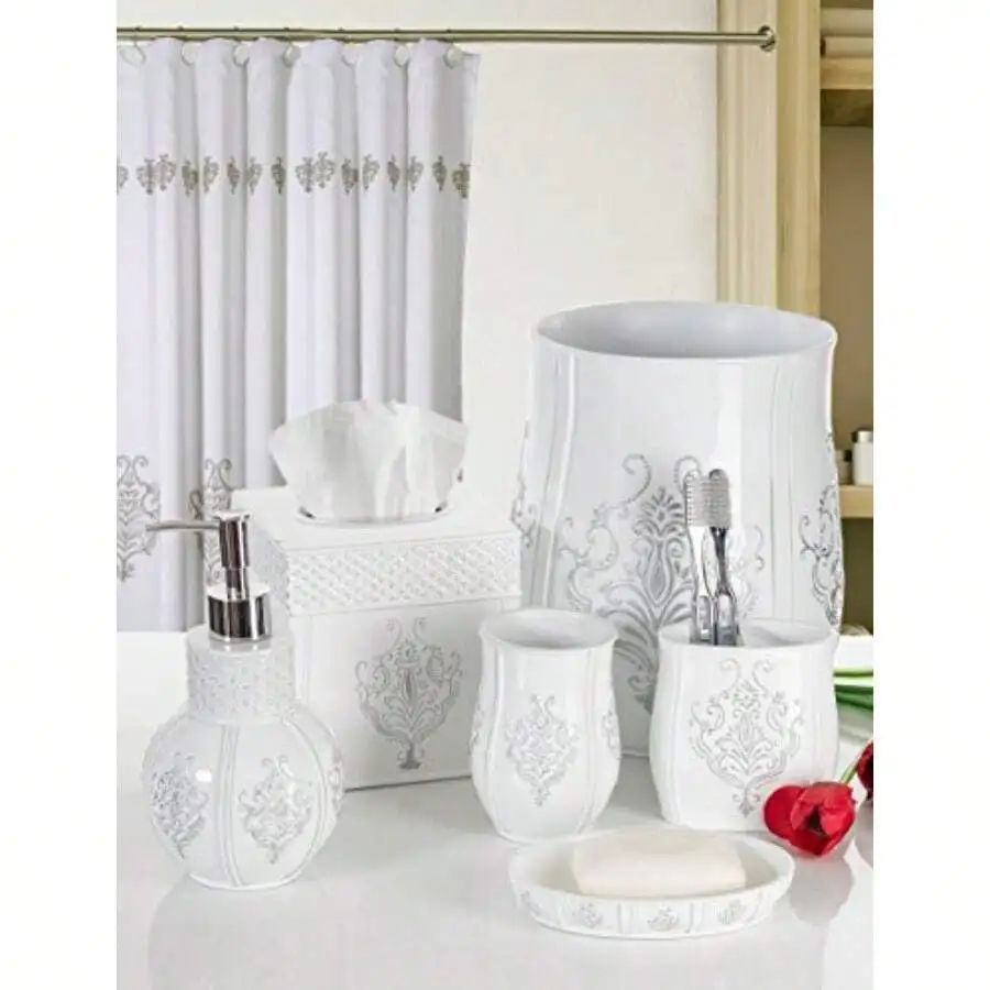 Bathroom Accessories Set White With Silver Pattern Ceramic Soap Dispenser Tumbler Toothbrush Holder Tissue Box
Bathroom Accessories Set White With Silver Pattern Ceramic Soap Dispenser Tumbler Toothbrush Holder Tissue Box