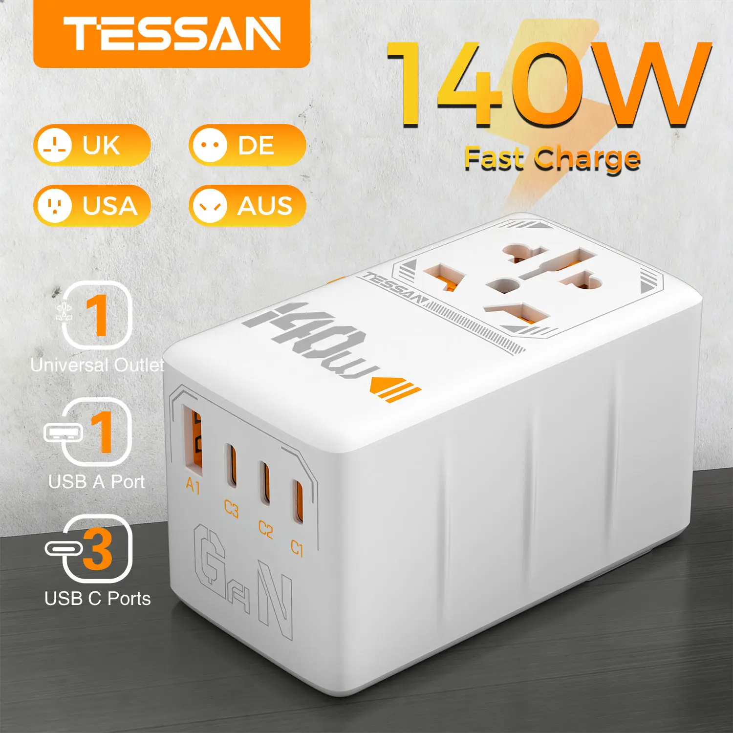 TESSAN 140W/100W GaN Universal Travel Adapter with USB Port Fast Charging International Plug Adapter EU UK USA AUS for Travel
TESSAN 140W/100W GaN Universal Travel Adapter with USB Port Fast Charging International Plug Adapter EU UK USA AUS for Travel