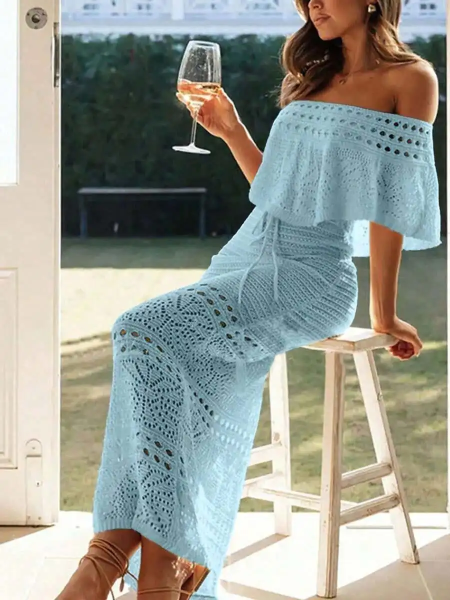 Elegant Hollow Out Off-Shoulder Drawstring Maxi Dress Sky Blue Women Summer Holiday Beach Party Wear
Elegant Hollow Out Off-Shoulder Drawstring Maxi Dress Sky Blue Women Summer Holiday Beach Party Wear