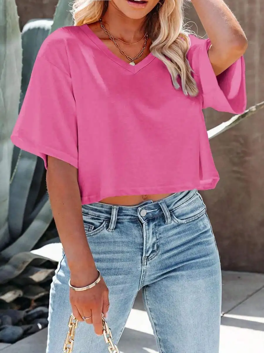 Women V Neck Cropped T Shirt Casual Summer Half Sleeve Solid Color Crop Top
Women V Neck Cropped T Shirt Casual Summer Half Sleeve Solid Color Crop Top