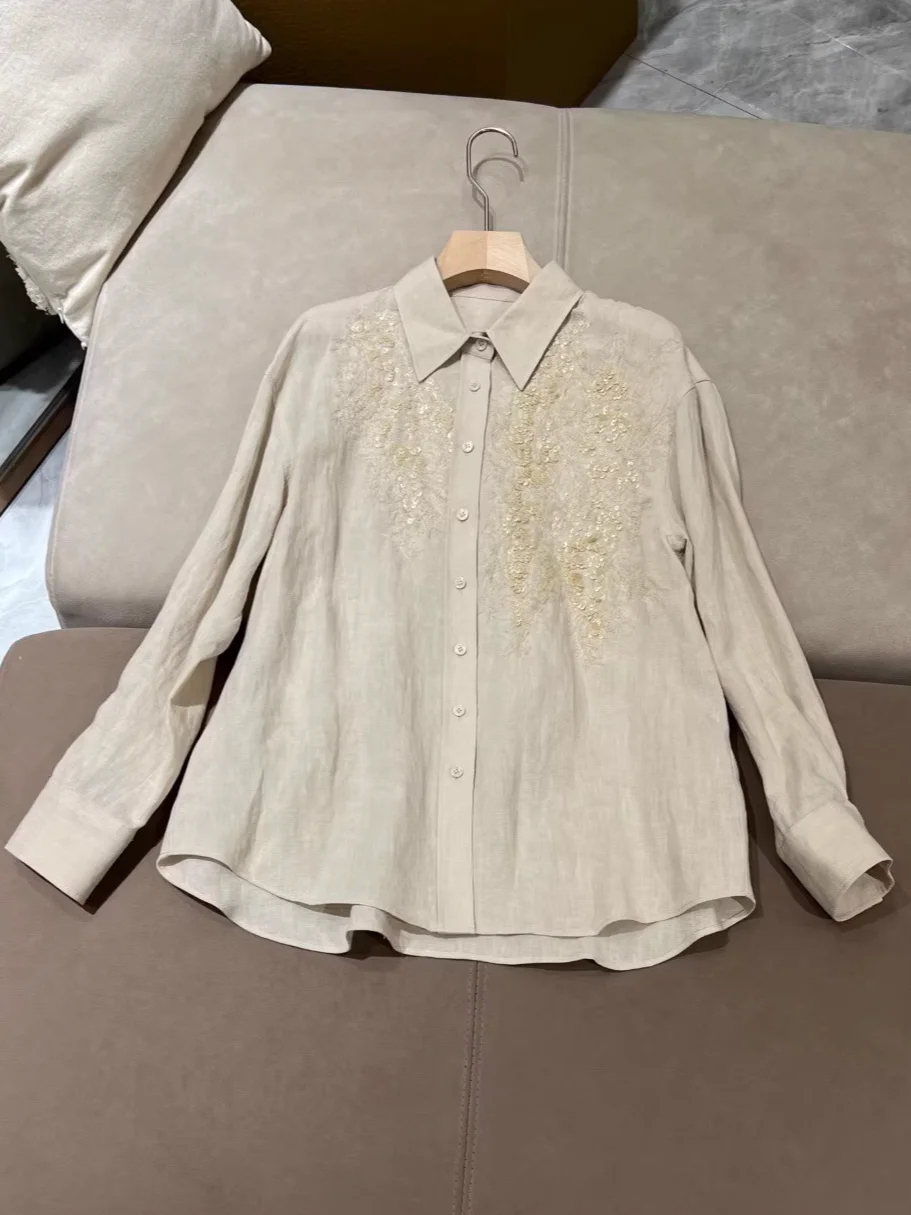 Весна 2026 Женская блузка с пайетками, отложным воротником, длинным рукавом, на одной пуговице, свободного кроя, модная, 100% льняная рубашка
Весна 2026 Женская блузка с пайетками, отложным воротником, длинным рукавом, на одной пуговице, свободного кроя, модная, 100% льняная рубашка
