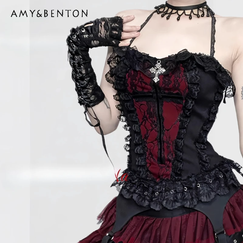 Original Gothic Lace Women's Neck Sling Vest New Burgundy Irregular Short Skirt Sweet Cool Personality Halloween Suit Ladies
Original Gothic Lace Women's Neck Sling Vest New Burgundy Irregular Short Skirt Sweet Cool Personality Halloween Suit Ladies