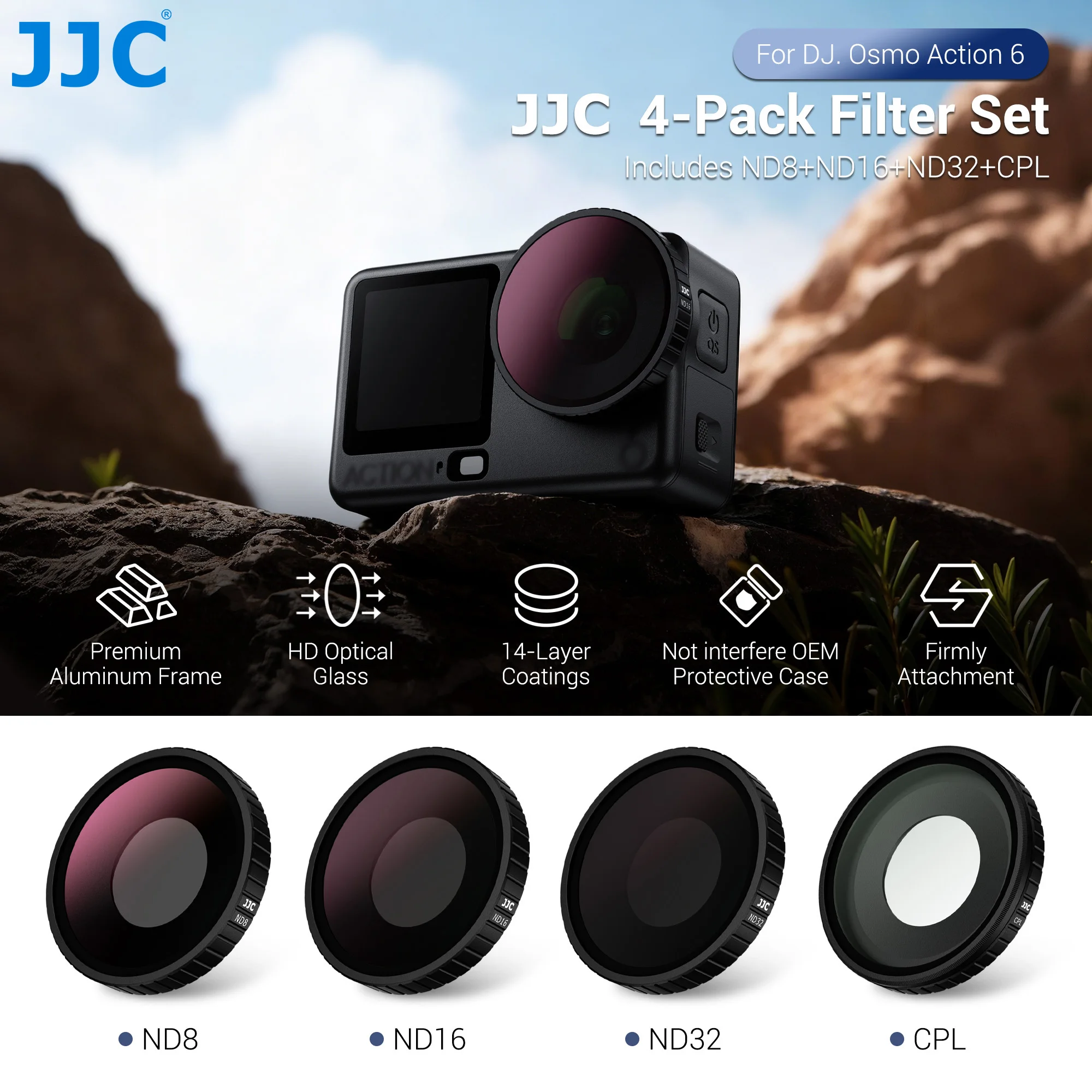 JJC для DJI Osmo Action 6, набор фильтров для объектива, камера CPL UV ND8 ND16 ND32 1/2, черный туман, 4 точки, звездный фильтр, аксессуары для действий 6
JJC для DJI Osmo Action 6, набор фильтров для объектива, камера CPL UV ND8 ND16 ND32 1/2, черный туман, 4 точки, звездный фильтр, аксессуары для действий 6