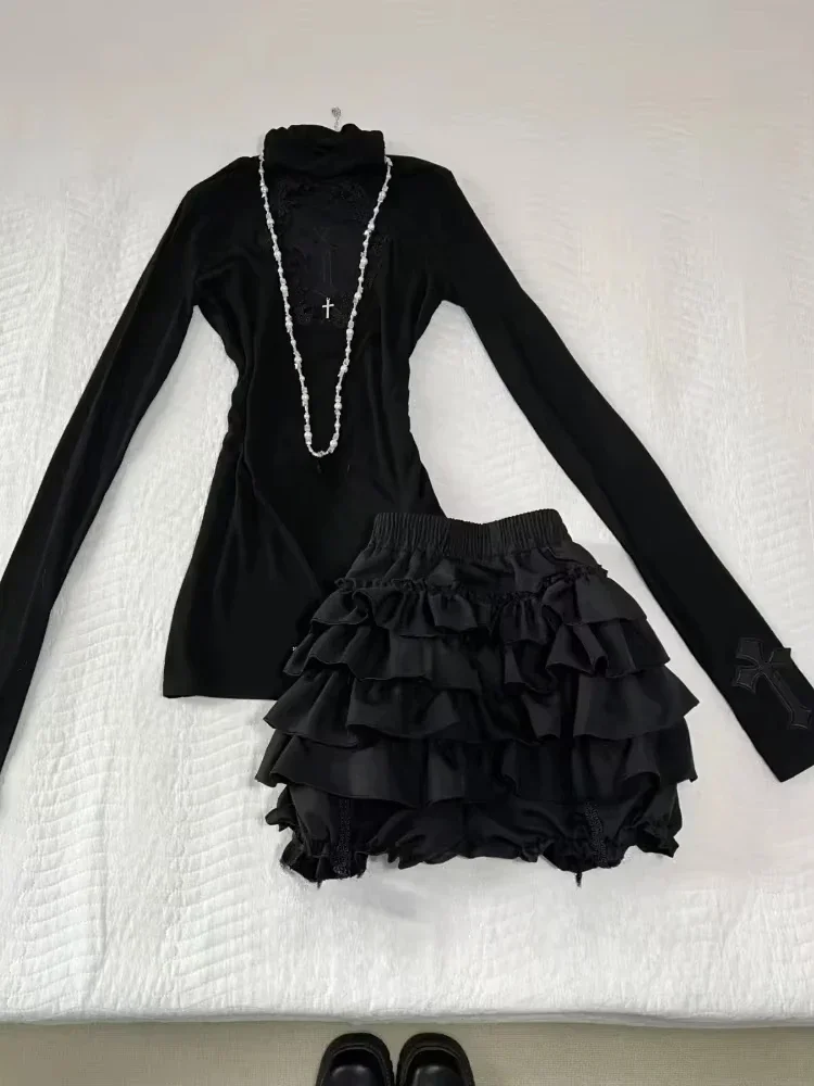 Aesthetic Hot Chick Slim Black 2-piece Set Women Design Sexy Long Sleeve Cross Hollow Out Tops + Elastic Waist Ruffle Cake Skirt
Aesthetic Hot Chick Slim Black 2-piece Set Women Design Sexy Long Sleeve Cross Hollow Out Tops + Elastic Waist Ruffle Cake Skirt