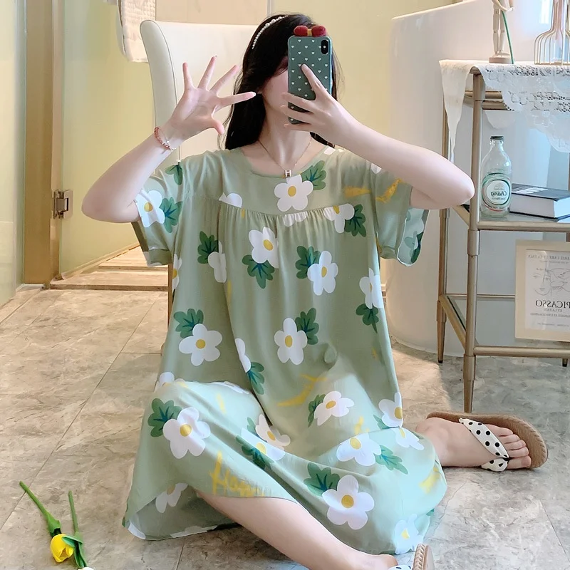 Spring Autumn Cotton Silk Short Sleeve plus Size Artificial Cotton Sleepwear Women's Home Clothes Summer Comfortable Nightgown
Spring Autumn Cotton Silk Short Sleeve plus Size Artificial Cotton Sleepwear Women's Home Clothes Summer Comfortable Nightgown