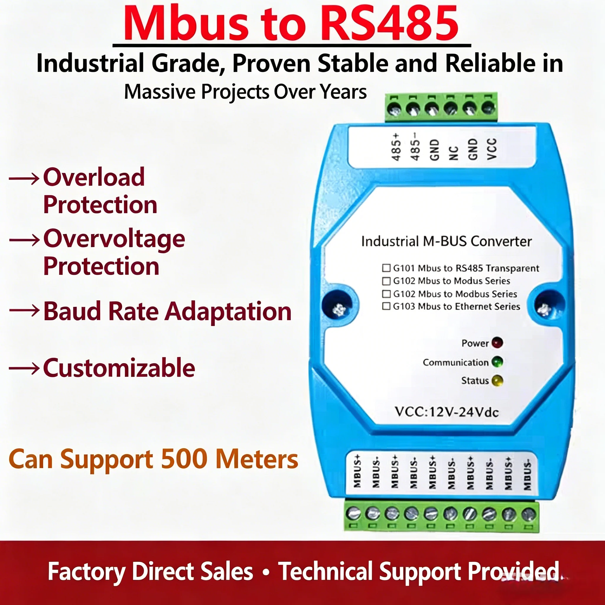 Industrial grade MBUS/M-BUS to MODBUS-RTU Converter RS485 Can Connect 500 MBUS Instruments to Support Transparent Transmission
Industrial grade MBUS/M-BUS to MODBUS-RTU Converter RS485 Can Connect 500 MBUS Instruments to Support Transparent Transmission