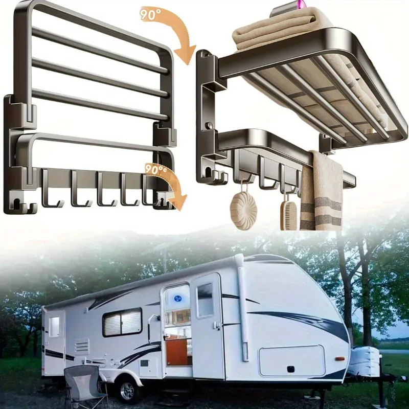 2-story RV foldable towel rack for wall storage, saves space in campers. 90° folding design organizes RV accessories efficiently
2-story RV foldable towel rack for wall storage, saves space in campers. 90° folding design organizes RV accessories efficiently