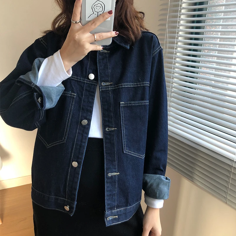 Simple Dark Blue Denim Jacket For Women Spring Autumn Solid Color Casual Outerwear Versatile Female Loose Jean Coat
Simple Dark Blue Denim Jacket For Women Spring Autumn Solid Color Casual Outerwear Versatile Female Loose Jean Coat